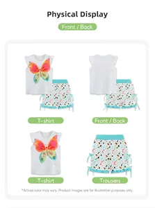 Detail view of girls' white butterfly t-shirt with ruffle sleeves and floral bow shorts