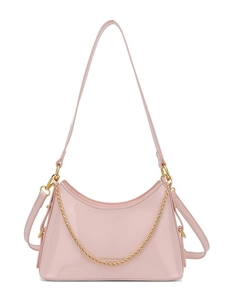 Pink patent leather bucket bag for women with gold chain detail and shoulder strap