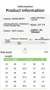 Guide des tailles détaillé pour ensemble t-shirt et short en coton pour enfants, tailles variées
