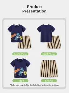 Détails de l'ensemble d'été pour garçon avec t-shirt imprimé dinosaure et short rayé