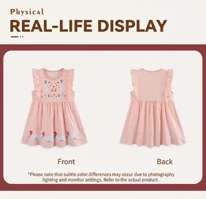 Front and back views of pink striped girls' dress with rabbit and flower embroidery