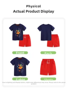 Detail of navy alien printed t-shirt and red cotton shorts for kids summer outfit set