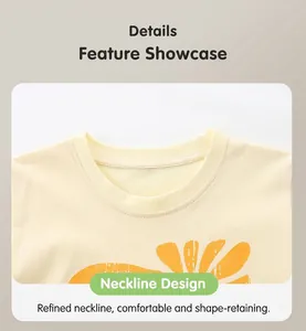 Gros plan détaillé de l'encolure ronde renforcée d'un t-shirt pour enfant en coton jaune