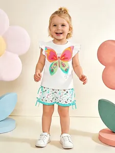Girls Summer Cotton Butterfly Print Flutter Sleeve T-Shirt And Cartoon Animal Shorts Outfit Toddler Western Style Sweet Clothing