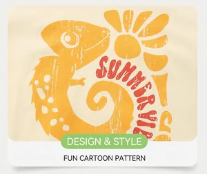 Détail de l'imprimé caméléon vintage et texte Summer Vibe sur tissu en coton beige