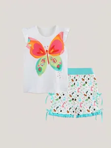 Girls summer two-piece outfit with white butterfly top and printed shorts with ruffles