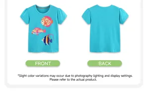 Vue avant et arrière du t-shirt enfant en coton bleu avec imprimé de poissons tropicaux