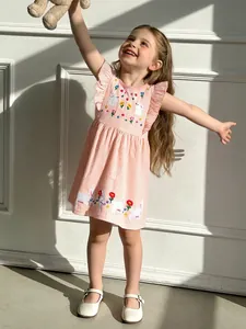 Girls European Style Sleeveless Rabbit Embroidery Princess Dress Cotton Pink Striped Summer Ruffle Shoulder Dress