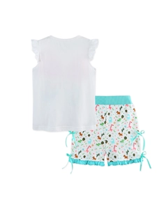Girls summer two-piece outfit with white ruffle top and cartoon animal print shorts