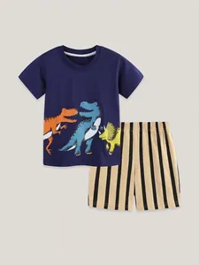 Ensemble d'été pour garçon avec t-shirt dinosaure marine et short rayé en coton