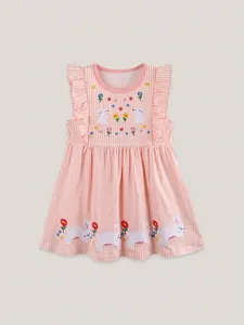 Pink and white striped sleeveless dress for girls with cute rabbit and flower embroidery