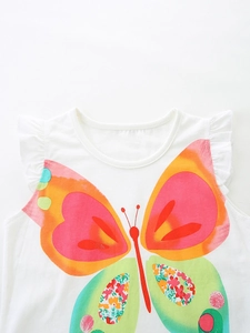 Girls' white cotton sleeveless tee with colorful butterfly print and ruffled sleeves