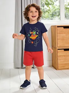 Boys Summer Cotton Clothing T-Shirt With Glow In The Dark Outer Space Print And Red Shorts Casual Toddler Kids Outfit