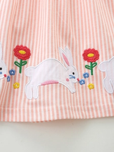 Pink and white striped girls dress featuring cute rabbit and floral embroidery details
