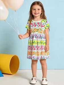Vestito di Cotone da Bambina con Stampa di Frutta Estiva Vestito da Principessa a Maniche Corte Fantasia di Frutta