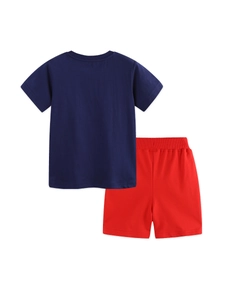 Boys summer two-piece outfit with navy short sleeve T-shirt and red shorts, back view detail