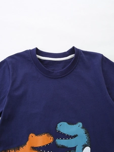 T-shirt bleu marine en coton pour garçon avec col rond et imprimé dinosaure coloré