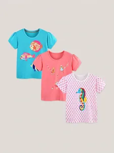 T-Shirt en Coton à Manches Courtes pour Petites Filles Imprimés Dessins Animés Poisson Fée Hippocampe Manches Bouffantes Col Rond