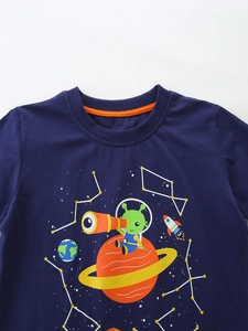Dark blue kids T-shirt featuring outer space alien prints and orange crew neck trim