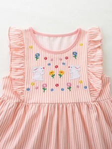 Pink striped toddler girl sleeveless dress with white rabbit embroidery and ruffled trim