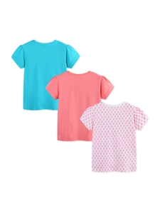Lot de 3 t-shirts filles en coton avec manches bouffantes bleu, rose et imprimé floral