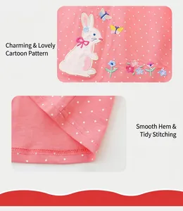 Detail showing high-quality rabbit embroidery and precise stitching on pink polka dot dress