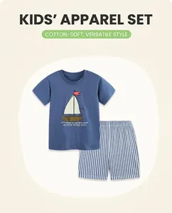 Detail view of blue cotton T-shirt with sailboat print and striped shorts set
