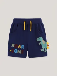 Kids navy blue knit shorts with cartoon dinosaur embroidery and yellow drawstring cord