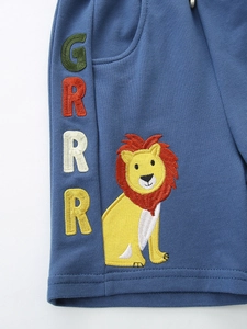 Blue cotton shorts for boys featuring detailed cartoon lion embroidery and GRRR text