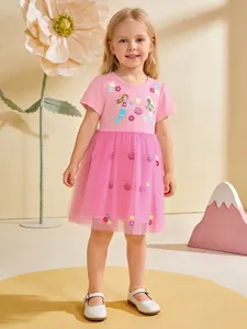 Robe en Maille de Coton pour Petites Filles Robe de Princesse en Tulle Brodé Sirène Rose Manches Courtes Patchwork Fête Anniversaire