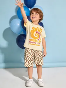 Ensemble Été Enfant 100% Coton Haut Manches Courtes Et Short Imprimé Caméléon Décontracté Style Occidental Garçon