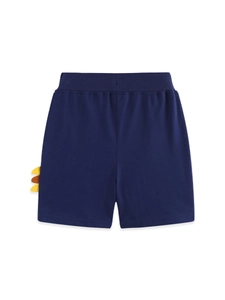 Kids navy cotton knit shorts with cartoon dinosaur scale design and elastic waistband