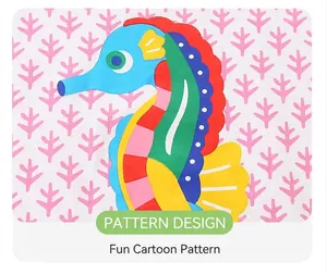 Detailed view of colorful seahorse cartoon print on soft cream children's fabric