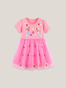 Robe tutu rose à manches courtes pour filles avec broderies sirène et coquillages