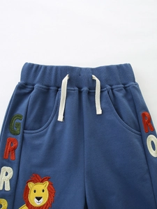 Blue boys cotton shorts with cartoon lion embroidery and elastic drawstring waistband