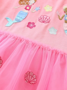 Robe rose pour filles en coton avec jupe en tulle et broderie sirène colorée