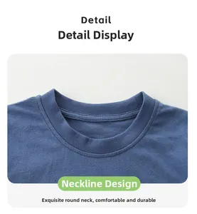 Close-up of durable ribbed round neckline on blue cotton t-shirt for children