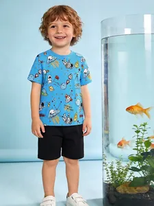 Ensemble d'Été 2 Pièces pour Garçons en Coton Manches Courtes Imprimé Astronaute de l'Espace T-Shirt et Short Bleu Noir