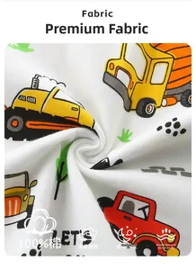 Détail du tissu 100% coton avec imprimés de véhicules de chantier en dessin animé