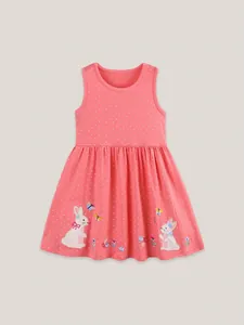 Pink cotton girls' sleeveless dress with white polka dots and bunny floral embroidery