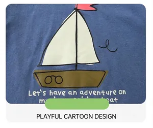 Detail of blue cotton T-shirt featuring high-quality cartoon sailboat print and lettering