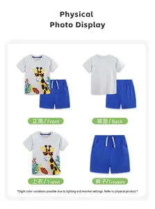 Vues détaillées avant et arrière de l'ensemble d'été garçon avec motif girafe et short