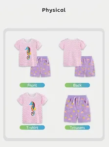 Detail view of girls pink seahorse print t-shirt and purple shorts summer outfit set