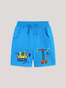 Pantaloncini bimbo blu lago in cotone con ricamo escavatore e coulisse in vita elastica