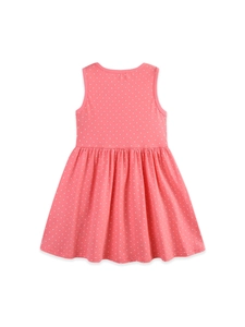 Sleeveless pink girls dress with white polka dots and an A-line silhouette in soft cotton