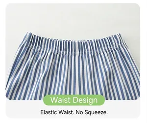 Detail of blue and white striped kids shorts with comfortable elastic waistband