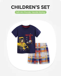 Detail of boys summer set with dark blue excavator print t-shirt and colorful plaid shorts