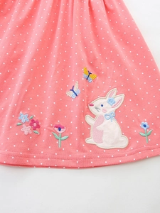 Pink polka dot cotton dress with bunny and floral embroidery for girls' fashion wear