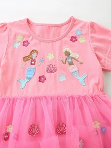 Robe rose en tulle pour filles avec broderie sirène et manches courtes en style d'été