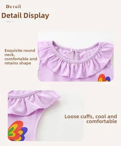 Détail du col volanté et de l'imprimé papillon coloré sur robe en coton violet clair